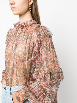 Multicolor Paisley-Print Ruffled Silk Blouse for Women