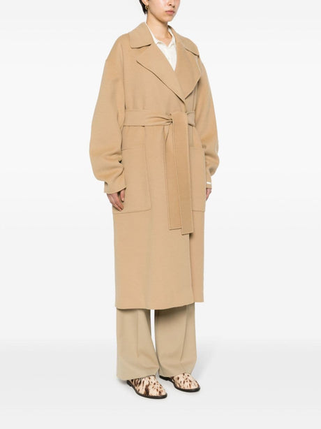 MAX MARA SPORTMAX Beige Wool Jacket With Notch Lapels, Detachable Waist Strap, and Leather Hem
