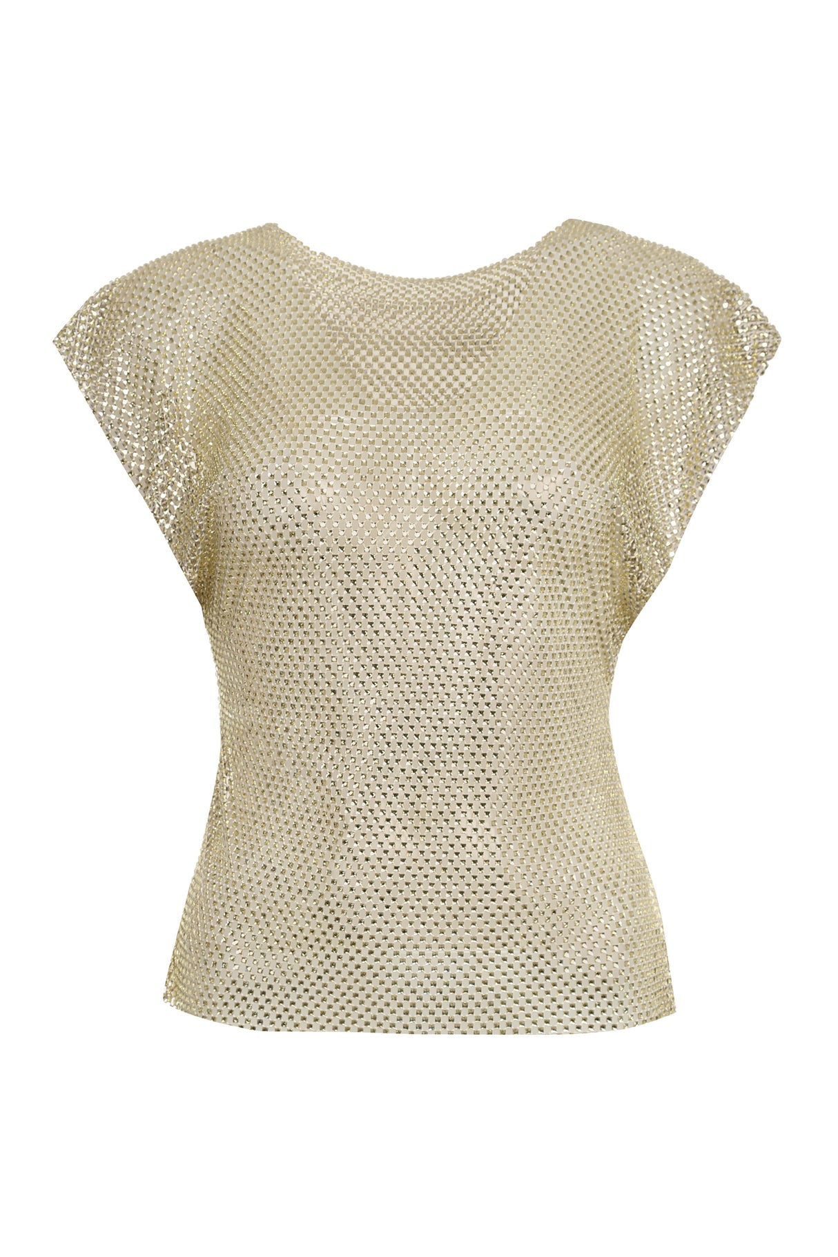 PHILOSOPHY DI LORENZO SERAFINI Sparkling Gold Mesh Top with Rhinestone Appliques for Women - SS24 Collection