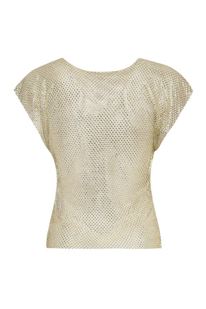 PHILOSOPHY DI LORENZO SERAFINI Sparkling Gold Mesh Top with Rhinestone Appliques for Women - SS24 Collection