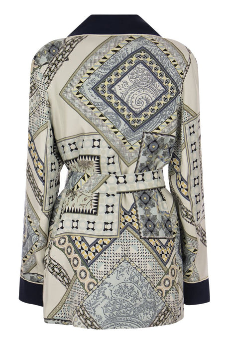 青とベージュのシルクジオメトリックなペイズリーデザインのローブジャケット（女性用）