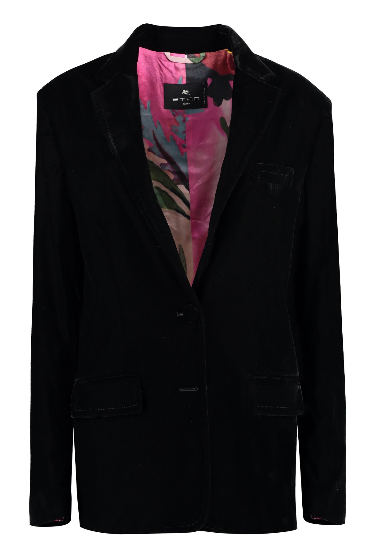 Black Velvet Blazer with Printed Lining and Back Slit Hem