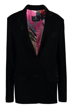 黑色天鵝絨西裝外套，印花襯裡及後補下擺設計