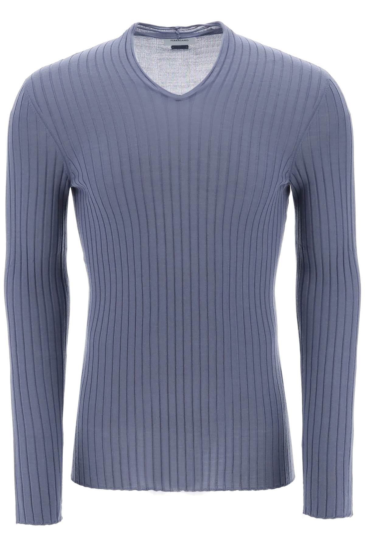 FERRAGAMO Men's Light Blue Ribbed-Knit Sweater for SS24