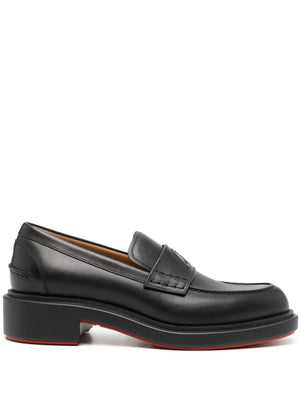 CHRISTIAN LOUBOUTIN Black Almond Toe Loafers for Men - Smooth Grain Leather with Strap Detailing