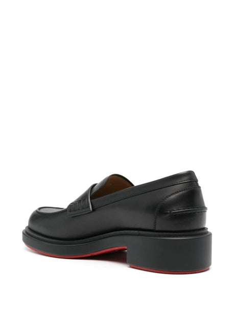 CHRISTIAN LOUBOUTIN Black Almond Toe Loafers for Men - Smooth Grain Leather with Strap Detailing