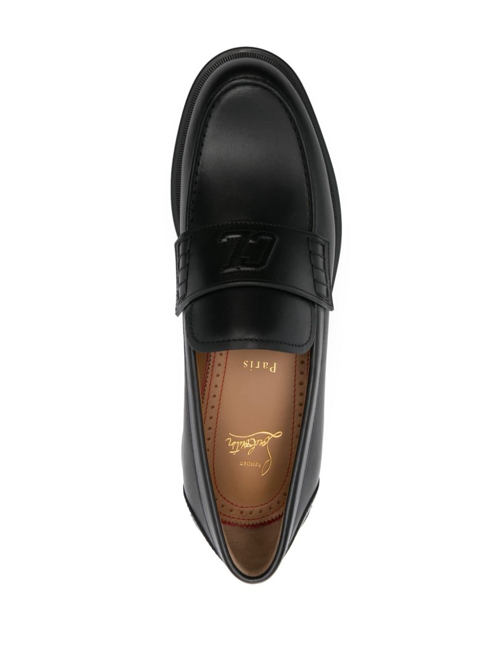 CHRISTIAN LOUBOUTIN Black Almond Toe Loafers for Men - Smooth Grain Leather with Strap Detailing