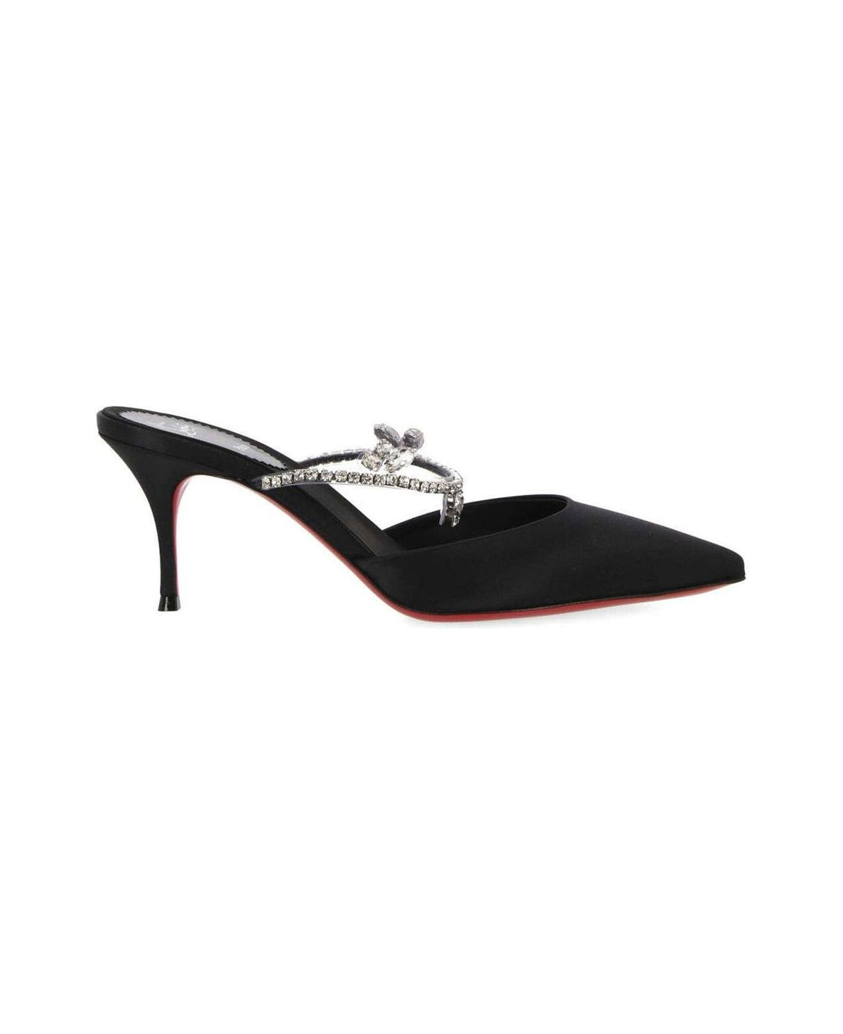 CHRISTIAN LOUBOUTIN Elegant Black Satin Crystal-Embellished Pointed Toe Mid Heel Pumps