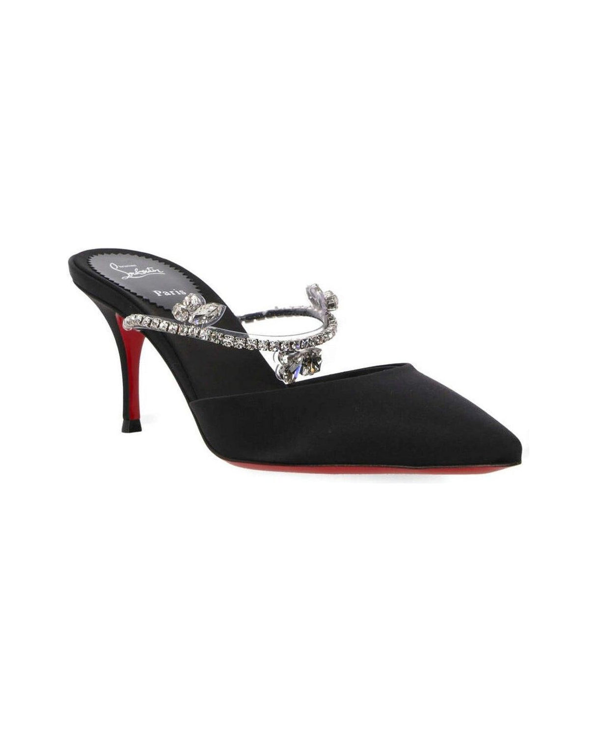 CHRISTIAN LOUBOUTIN Elegant Black Satin Crystal-Embellished Pointed Toe Mid Heel Pumps