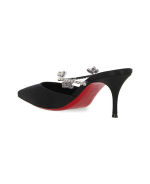 CHRISTIAN LOUBOUTIN Elegant Black Satin Crystal-Embellished Pointed Toe Mid Heel Pumps