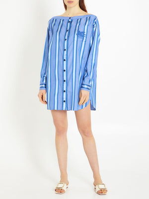 قميص فستان قصير قطني وحريري بخطوط - أزرق فاتح
