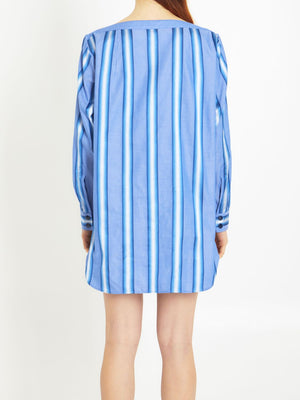 قميص فستان قصير قطني وحريري بخطوط - أزرق فاتح