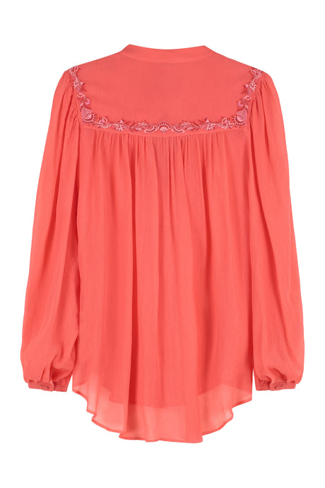 Áo blouse lụa thiết kế mang tính đối xứng màu cam - SS23