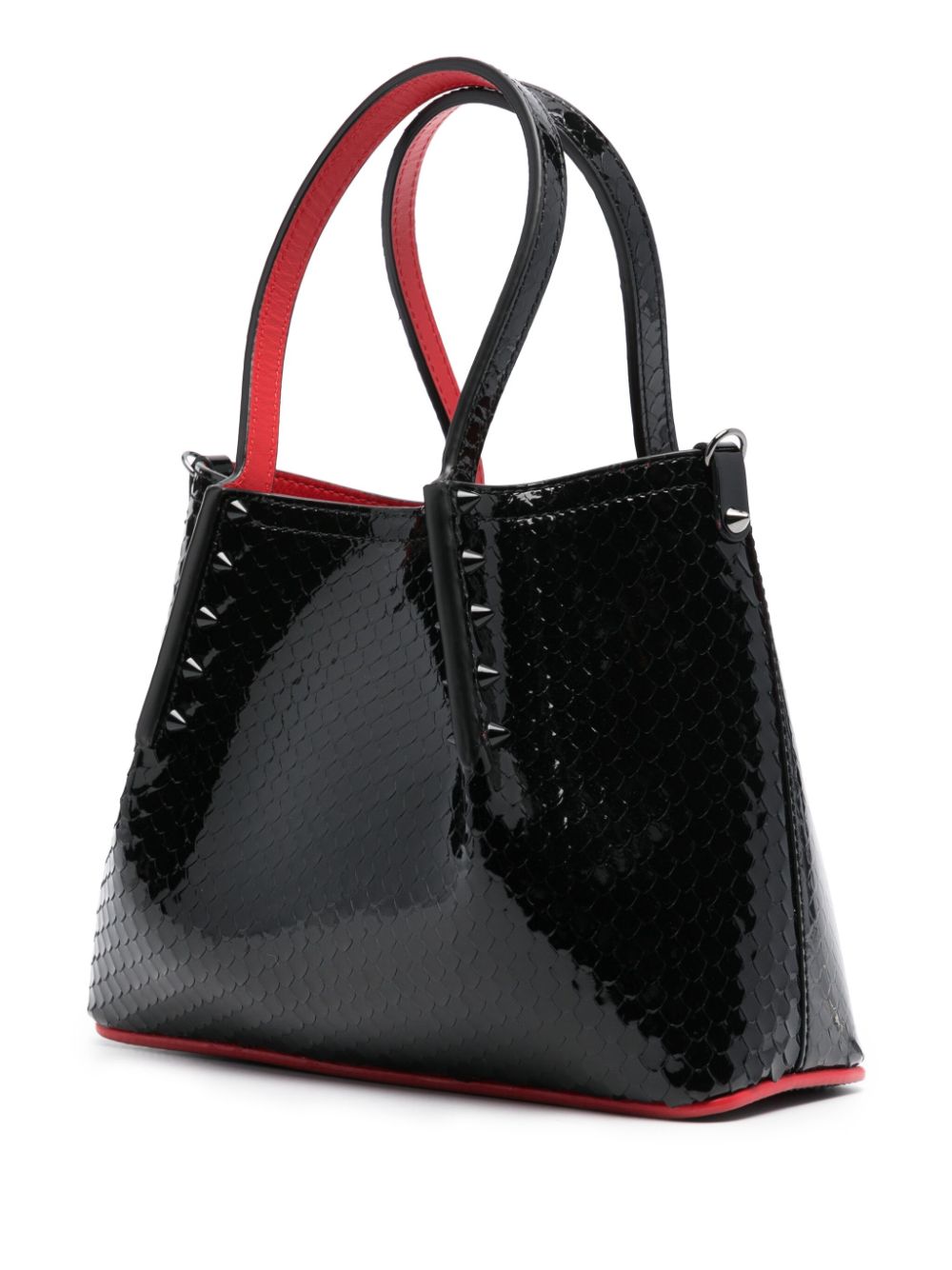 CHRISTIAN LOUBOUTIN Mini Cabarock Patent Leather Tote with Alligator Emboss and Tonal Studs - Black