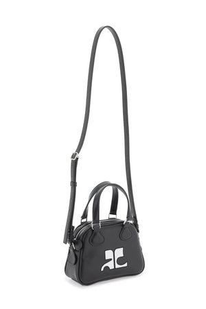 COURREGÈS Mini Trunk Black Leather Handbag with Silver Accents and Monogram Detail