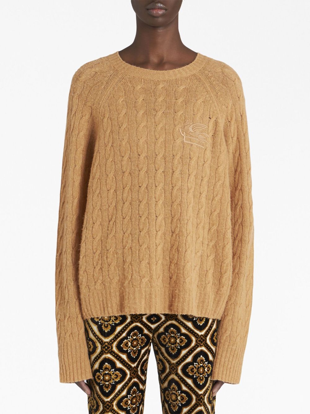 Cable-Knit Jumper with Embroidered Logo - Beige