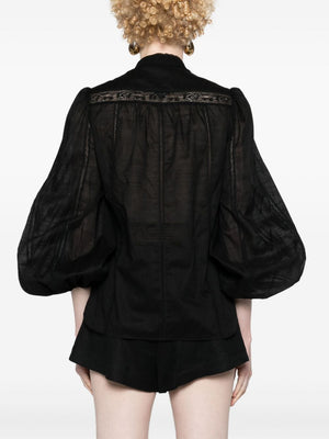 ZIMMERMANN Elegant Black Cotton Lace-Trimmed Puff Sleeve Shirt