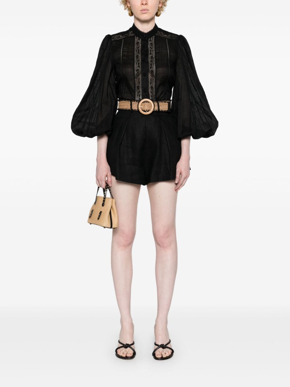 ZIMMERMANN Elegant Black Cotton Lace-Trimmed Puff Sleeve Shirt