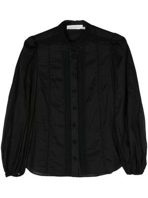 ZIMMERMANN Elegant Black Cotton Lace-Trimmed Puff Sleeve Shirt