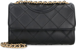 TORY BURCH Mini Fleming Quilted Leather Shoulder Bag in Black with Chain Strap, 16x22x9 cm