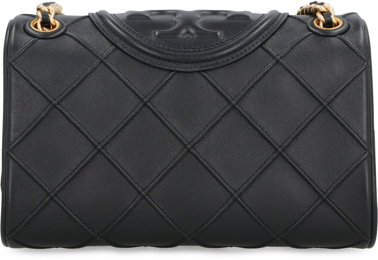 TORY BURCH Mini Fleming Quilted Leather Shoulder Bag in Black with Chain Strap, 16x22x9 cm