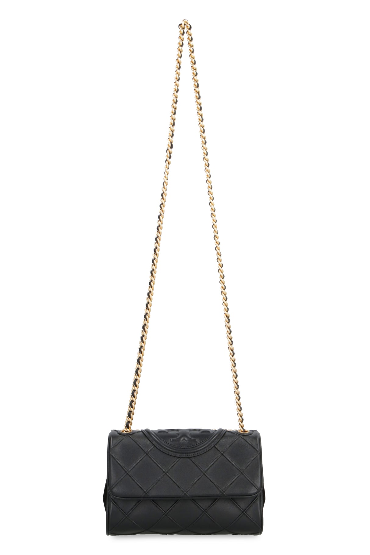 TORY BURCH Mini Fleming Quilted Leather Shoulder Bag in Black with Chain Strap, 16x22x9 cm