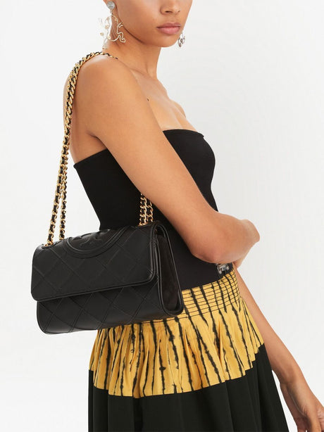 TORY BURCH Quilted Nappa Leather Convertible Mini Shoulder Bag in Black with Gold-Tone Accents
