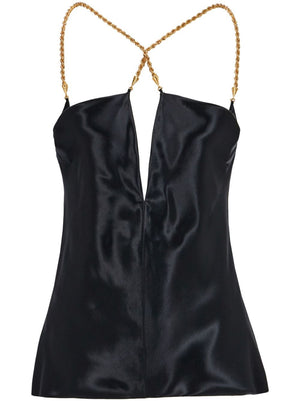 Stunning Black Satin Top with Gold-Tone Hardware and Cut-Out Detailing for Women