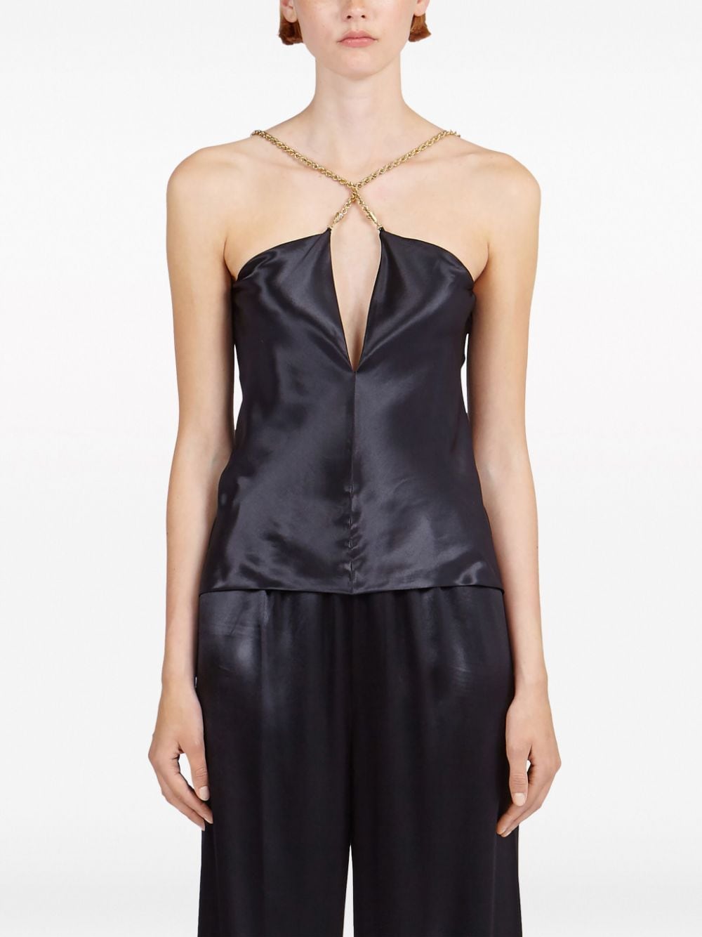 Satin Sleeveless Top with Cut-Out Detailing and Crossover Neck for Women