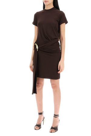 FERRAGAMO Sculptural Brown Short Dress with Metal Ring Accent