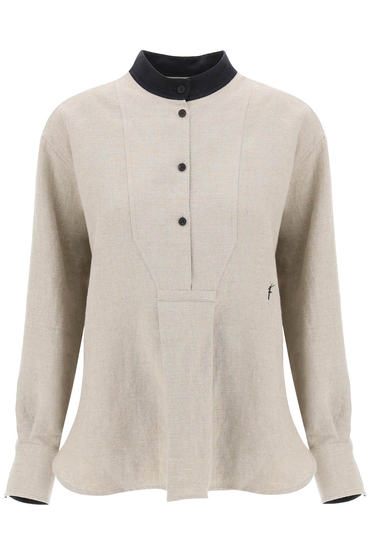 FERRAGAMO Relaxed Fit Linen Tunic Shirt with Mandarin Collar and Small Embroidered Detail