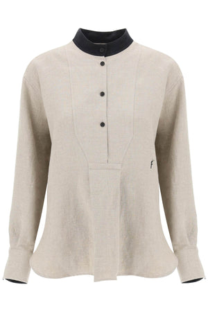 FERRAGAMO Relaxed Fit Linen Tunic Shirt with Mandarin Collar and Small Embroidered Detail