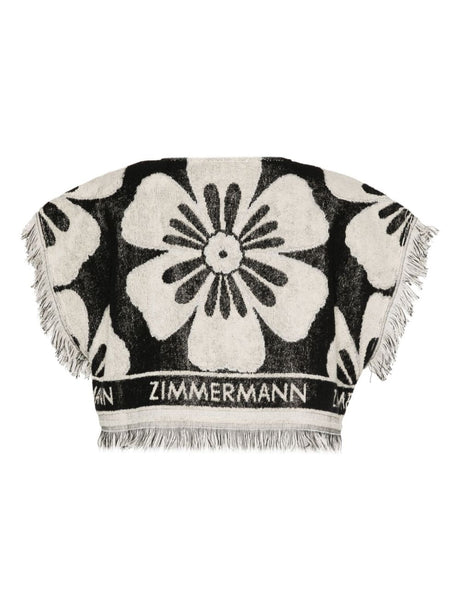 ZIMMERMANN Floral Cotton Terry Cropped Top with Fringe