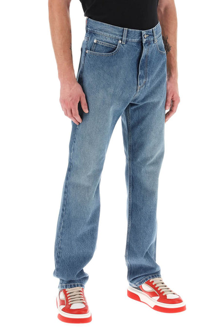 男士蓝色直筒牛仔裤 - 经典五袋设计，中层腰带