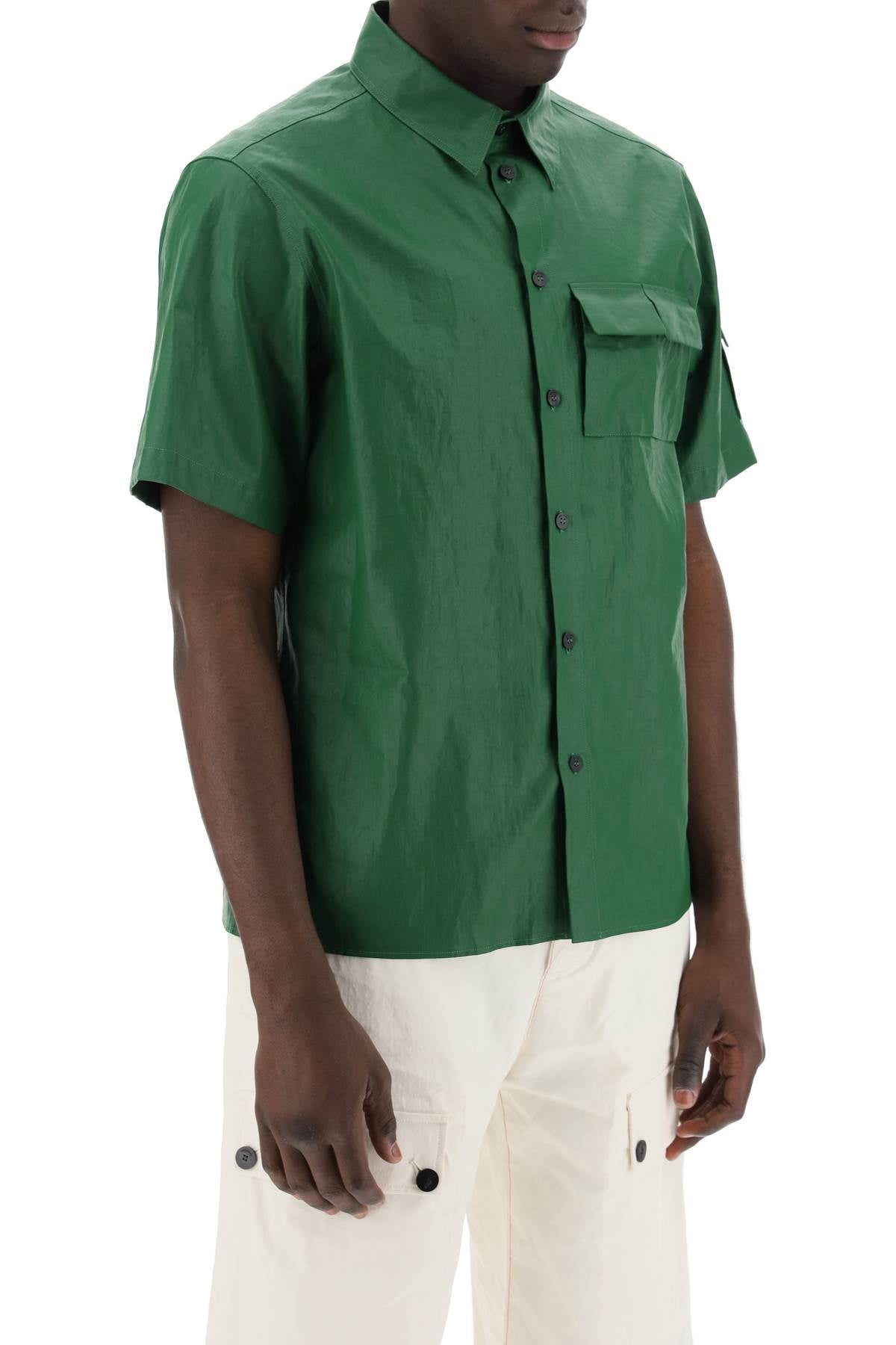 FERRAGAMO Men's Short-Sleeved Linen Shirt with Coated Canvas - Green