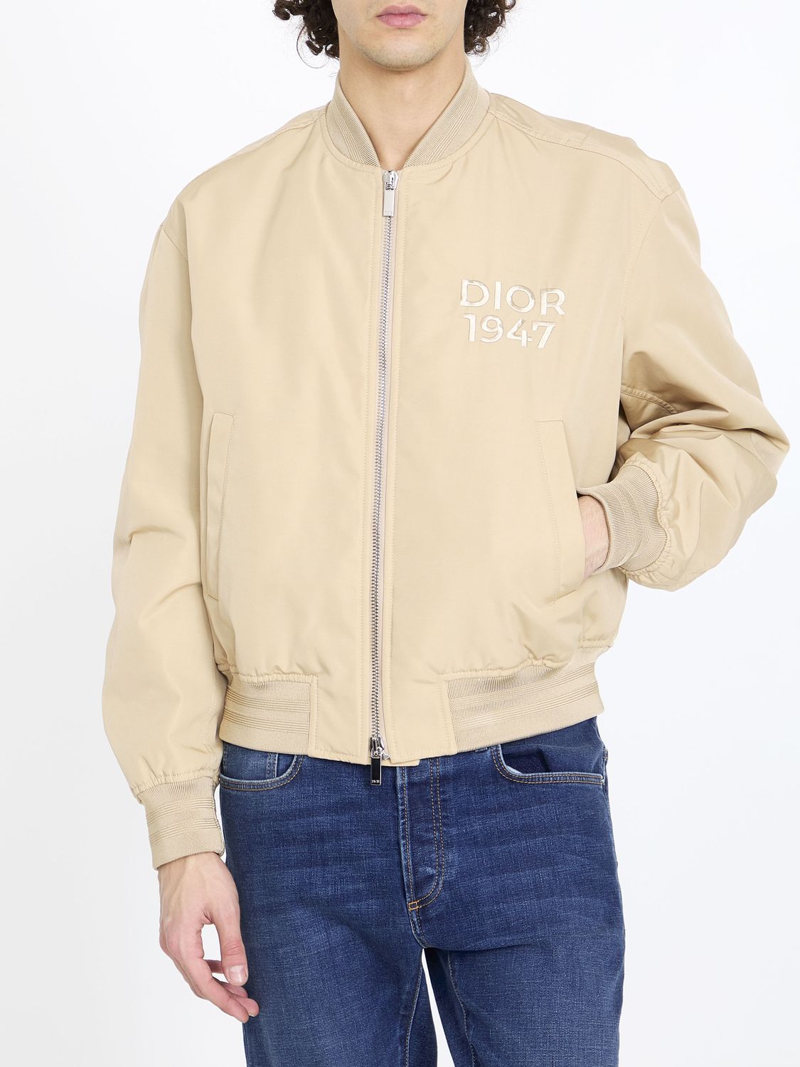 DIOR HOMME Beige Cotton Blend Bomber Jacket with Embroidered Details