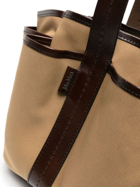キャメルブラウン コットンキャンバス ミニトートバッグ、レザー装飾付き、ロブスタークロー留め具