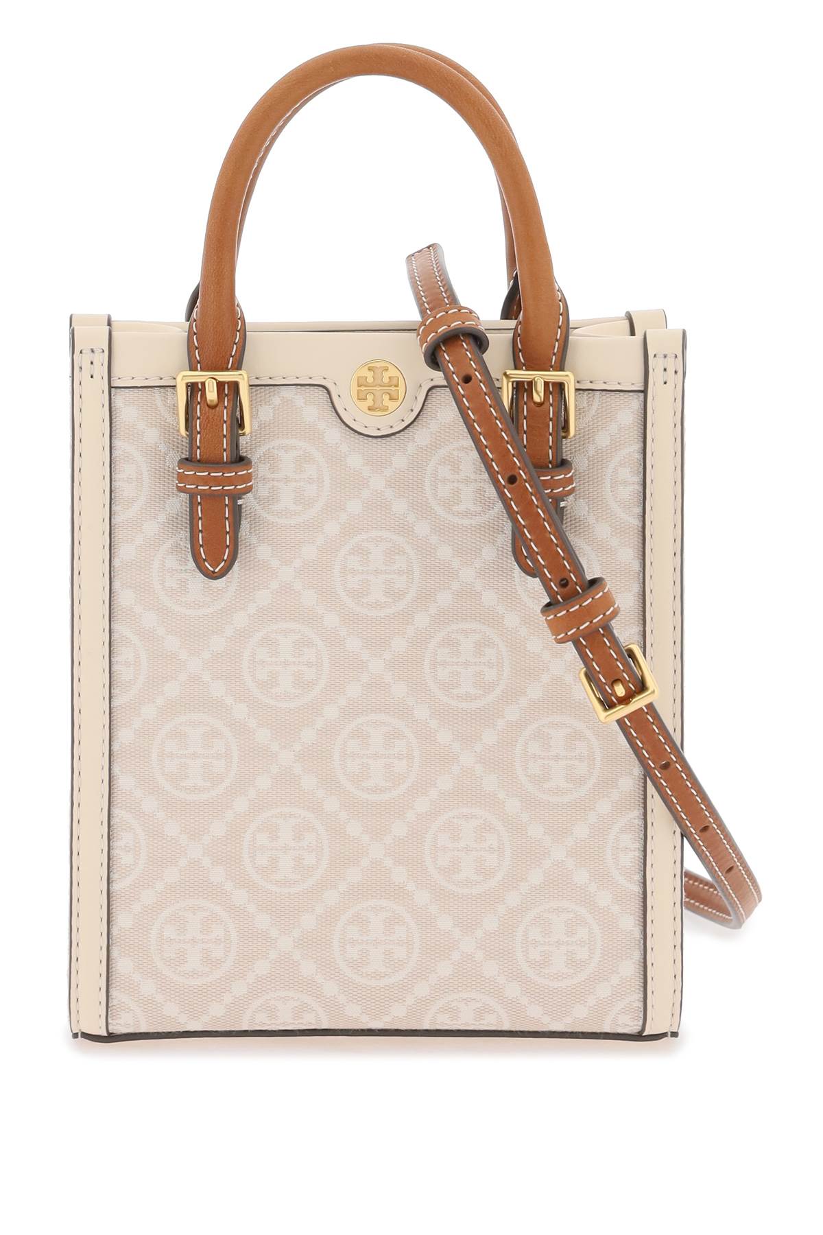 TORY BURCH Mini Monogram Canvas & Leather Tote Handbag with Gold-Tone Accents