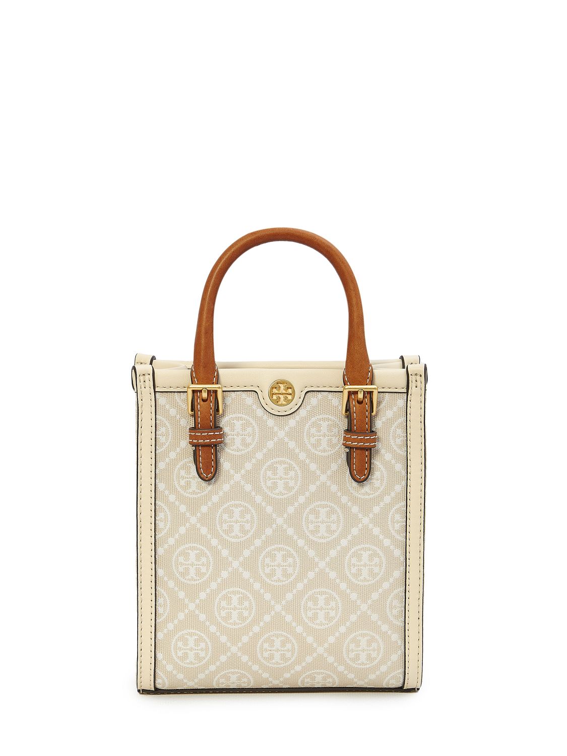 TORY BURCH Mini Monogram Canvas & Leather Tote Handbag with Gold-Tone Accents