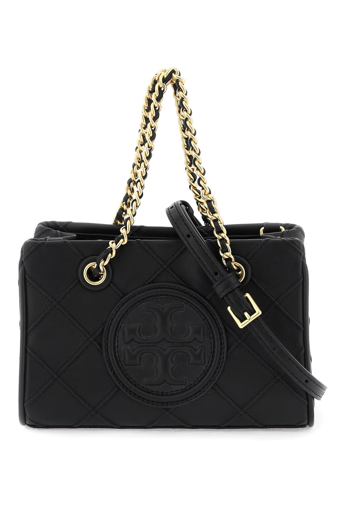 TORY BURCH Mini Fleming Quilted Leather Chain Tote in Black with Convertible Strap, 12.5x18.5x7.5 cm