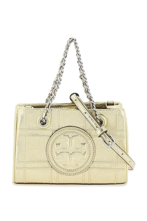 TORY BURCH Gold Diamond-Patterned Mini Leather Handbag with Woven Chain Strap