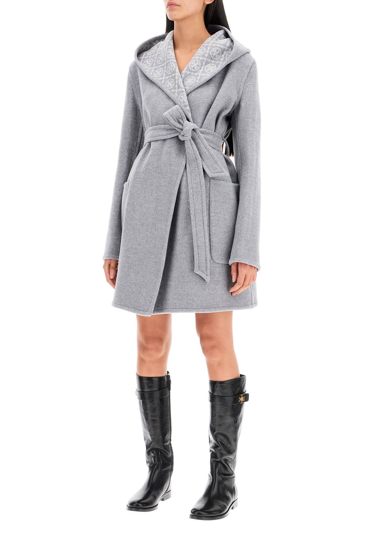 TORY BURCH Hooded Wool Jacket with Coordinated Waist Belt