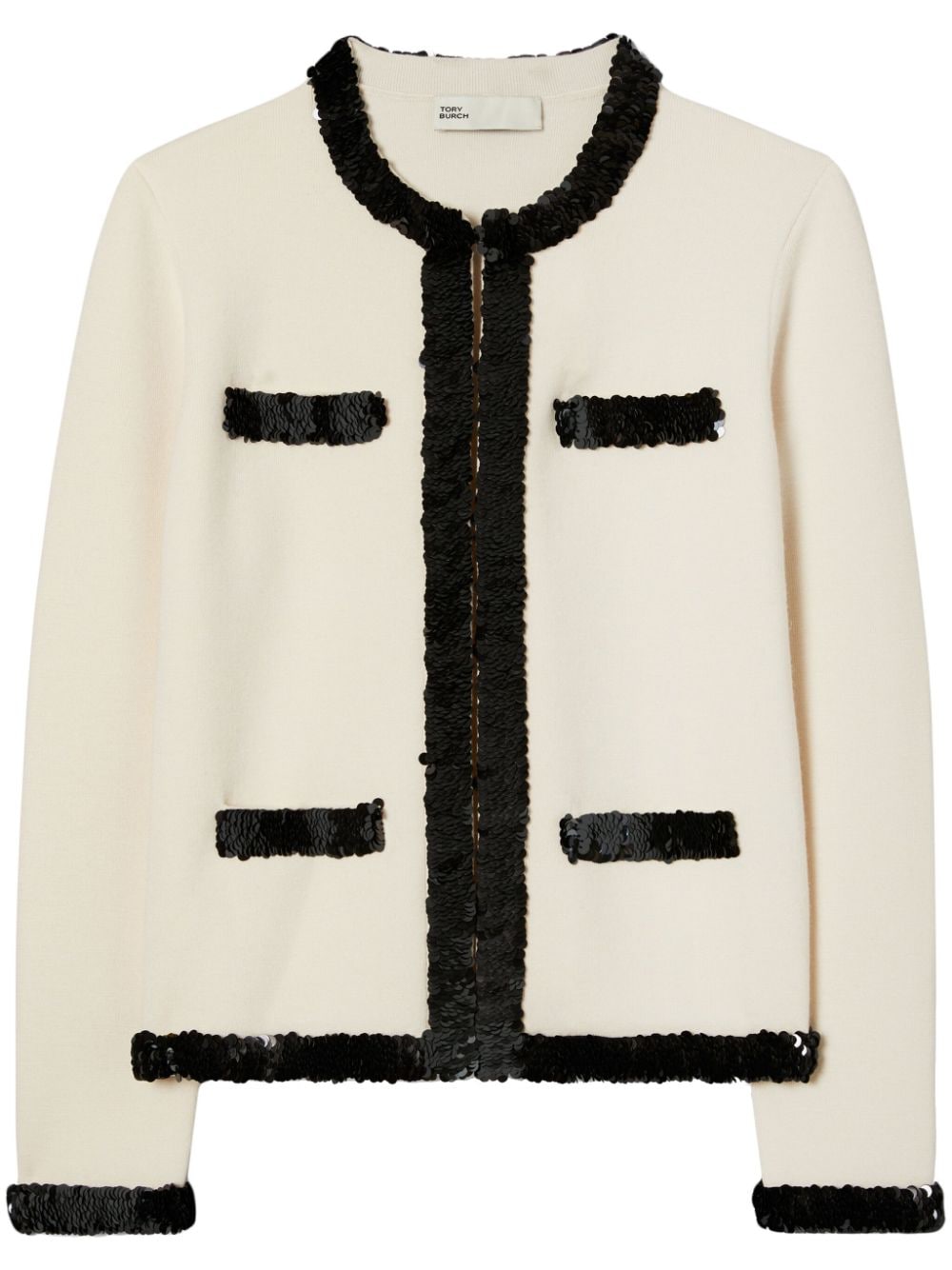 Cream White and Black Sequined Wool Jacket for Women