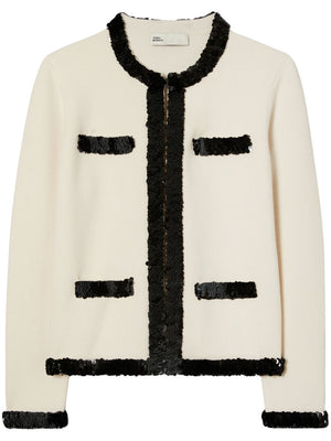 Cream White and Black Sequined Wool Jacket for Women