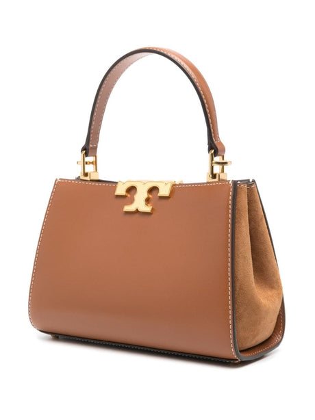 TORY BURCH Eleanor Mini Cognac Brown Leather Tote with Gold-Tone Monogram and Adjustable Strap