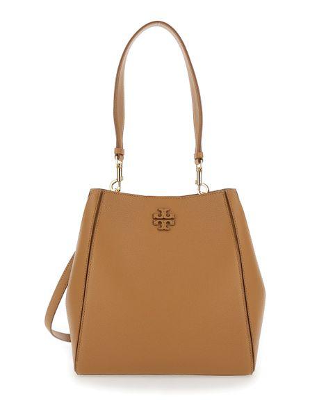 TORY BURCH Elegant Camel Leather Handbag with Gold-Tone Accents