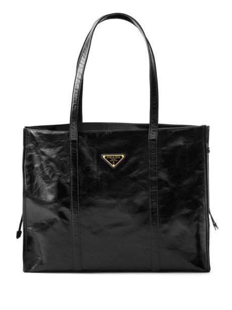 PRADA Large Glossy Leather Tote Bag - W 39 x H 31 x D 10 cm