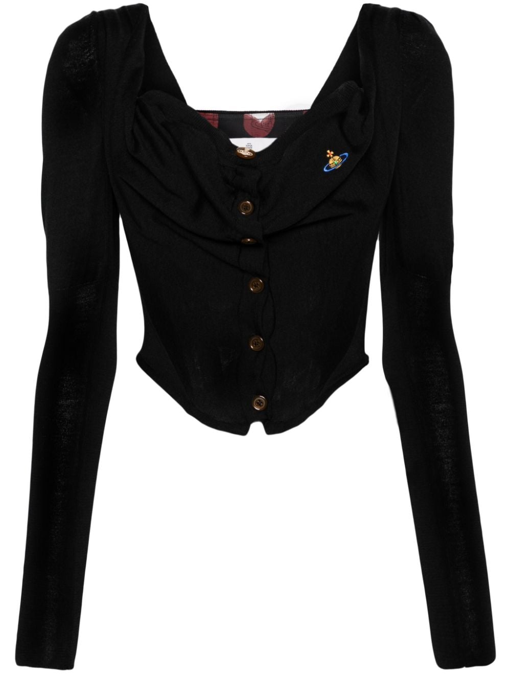 VIVIENNE WESTWOOD Black Wool-Silk Blend Fine Knit Corset: Sweetheart Neck, Draping Detail, Long Sleeves - Women's Fashion