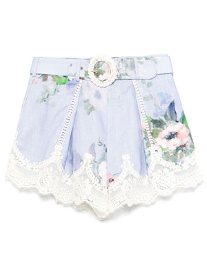 ZIMMERMANN Printed Linen Shorts with Concealed Zip and Belted Waist