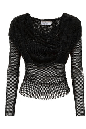 Áo Hooded Fishnet Rhinestone Đen dành cho Nữ - Bộ sưu tập FW23